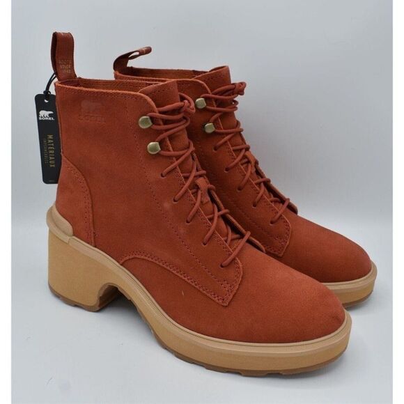 Sorel Womens Size 9.5 Hi Line Warp Red Suede Lace Up Waterproof Heeled Boots - Picture 2 of 10